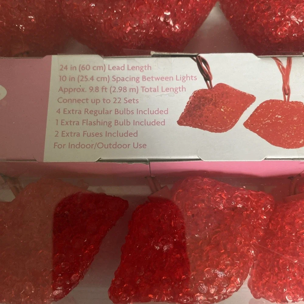 Valentine's Day Holiday Home 10 Red Sparkle Heart Shaped String Lights Set